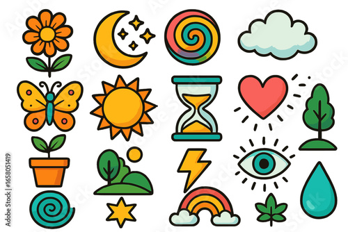 Colorful cartoon icon set. Whimsical sticker collection with nature, weather, and abstract spiritual symbols. Vector doodle pack with flower, sun, moon, heart, rainbow, eye.