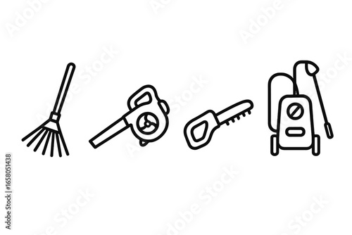 Outdoor garden cleaning icons set. Outline vector illustrations of leaf rake, leaf blower, hedge trimmer, pressure washer. Garden tools and equipment for outdoor cleaning and maintenance.