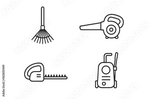 Outdoor cleaning equipment outline icon set. Gardening tools vector illustration for outdoor and garden maintenance. Leaf rake, leaf blower, hedge trimmer, pressure washer flat icons. Landscaping.