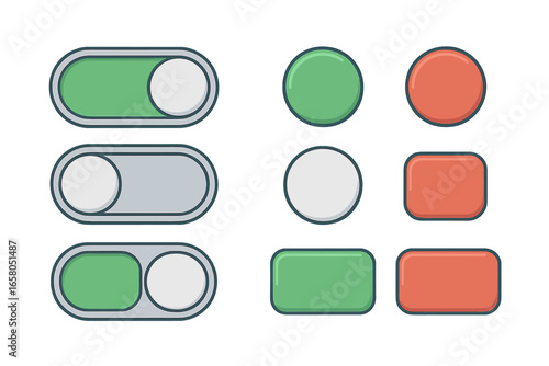 Collection of toggle switch and button icons for user interface design. On and off sliders, yes and no selectors for web, mobile app. Modern flat vector graphic elements.