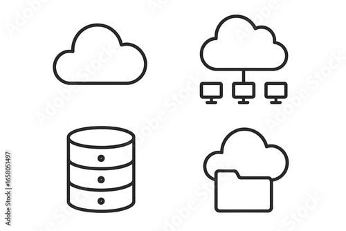 Cloud computing and data line icon set. Vector outline symbols for network, database, server, and storage concepts. Technology illustration for web, hosting, and backup services.
