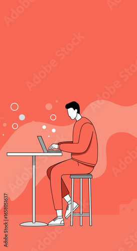 Man working diligently on a laptop at a modern high table, illustrating remote work, digital lifestyle, and online productivity.