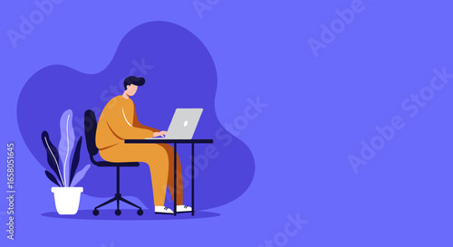 An illustration of a man working diligently on a laptop at a desk, representing productivity, remote work, and modern business. Ideal for tech or education.