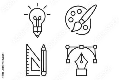 Design and creativity line icons set. Graphic symbols for creative idea, art, painting, drawing, vector design. Lightbulb, palette, ruler, pencil, and pen tool outline icons.