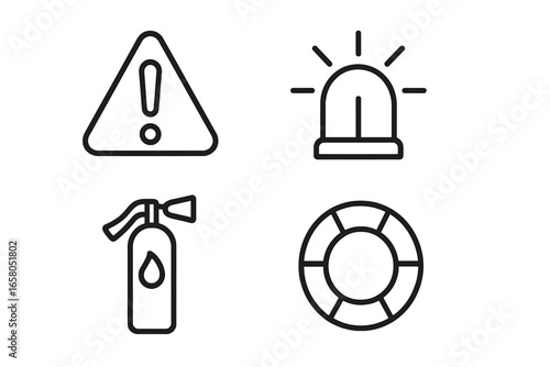 Emergency & safety line icons set. Alert & rescue symbols. Vector pictogram collection. Warning sign, fire extinguisher, alarm siren, lifebuoy. Fire safety & water rescue.
