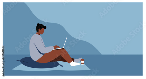 Person comfortably working on laptop at home, embodying remote work, digital learning, and modern lifestyle. Ideal for business, technology, or wellness themes.
