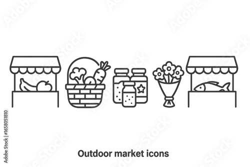 Outdoor market icon set with fruit stand, vegetable basket, spice jars, flower bouquet, fish stall. Outline vector illustration. Farmers market, grocery shopping, fresh produce, food and flowers.