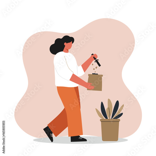 Young person tending to plants, pouring soil or seeds into a pot. Represents home gardening, sustainable living, hobby, and plant care lifestyle.