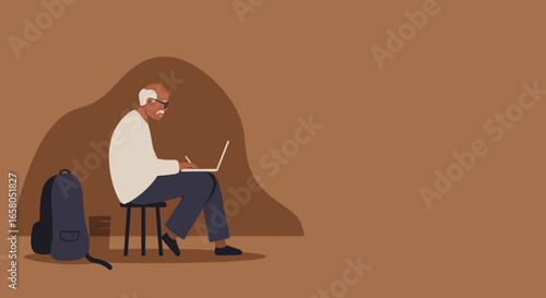 Elderly man focused on a laptop, embracing technology for learning or work. Represents digital literacy, senior education, and lifelong learning.