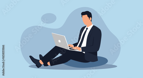 Professional man in a suit working on a laptop while sitting, showcasing remote work, flexibility, and modern business lifestyle concepts.