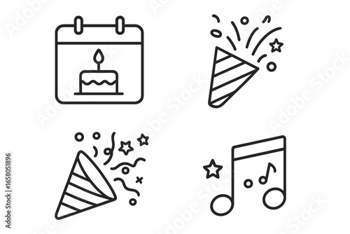 Event and celebration icons. Party popper, birthday calendar with cake and music note symbol set. Vector line art pictogram collection for anniversary, holiday or surprise.