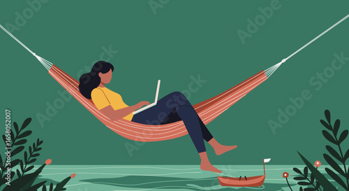 Woman working remotely from a peaceful outdoor hammock. Illustrates work-life balance, digital nomad lifestyle, and flexible career freedom.