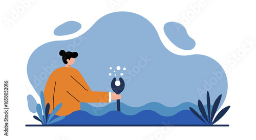 Person with wrench in water, bubbles rising. Symbolizes problem-solving, hidden issues, maintenance, and finding solutions. Ideal for business support or challenge concepts.