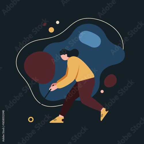 Dynamic illustration of a woman engaged in a sport, possibly golf or hockey, demonstrating leisure and active lifestyle. Ideal for fitness or recreational themes.