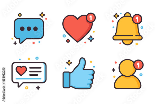 Social media icons set. Vector like, follower, comment, and message notifications. Flat cartoon illustration of digital engagement symbols for web, ui, ux, and mobile apps.