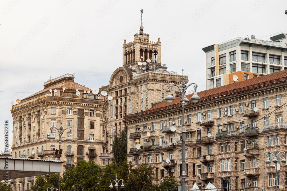 Fototapeta premium Eastern Europe historical district architecture buildings huge objects urban city scape view in overcast weather time