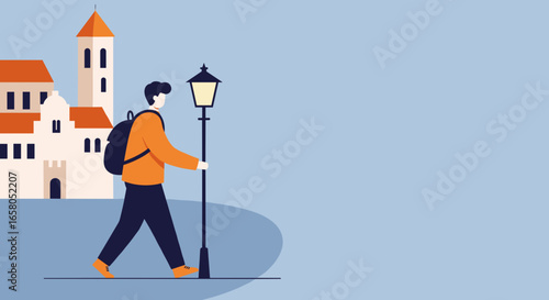 A young man with a backpack walks past historic buildings and a lamppost, exploring an old European city. Ideal for travel, tourism, and lifestyle content.
