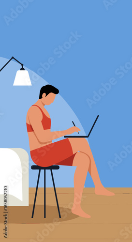 Individual focused on remote digital work or creative design using a laptop and stylus in a relaxed home environment, ideal for lifestyle and business concepts.