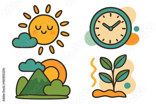 Nature and time icon set. Cute cartoon vector illustrations of sun, clock, mountain landscape, and growing plant. Concepts of weather, growth, seasons, and daily cycle. Flat design.