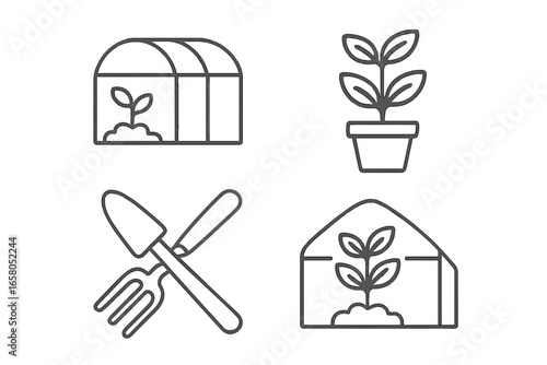 Greenhouse and gardening vector line icon set. Outline symbols of potted plant, trowel, fork, and seedling in a hothouse. Concept for horticulture, farming, cultivation, hobby.
