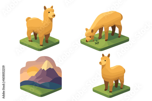 Isometric Alpaca Icon Set with Grazing Alpacas in Mountain Meadow at Dusk, Sunset Mountain Peak Landscape Vector Illustration, Cute Farm Animal Icons for Design