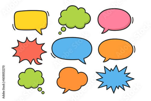 Colorful speech and thought bubble collection. Vector cartoon graphic set for comics. Doodle communication message, dialogue box, and shout cloud elements. Hand-drawn illustration.