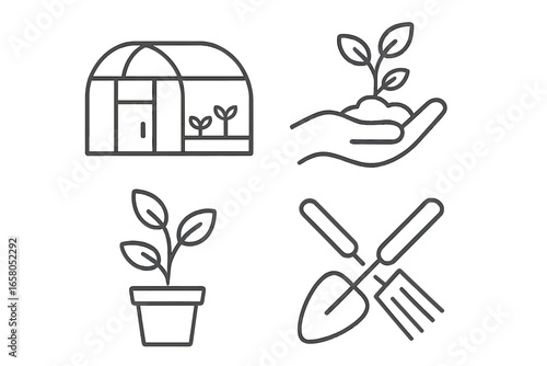 Gardening line icons set. Greenhouse, plant care, and horticulture symbols. Hand holding sprout, potted seedling, and cultivator tools. Vector for growth and farming concept.