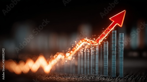 Red Upward Arrow Growing in Size on Right Side of Abstract Blue Bar Graph, Symbolizing Growth and Positive Economic Trends Against Dark Background