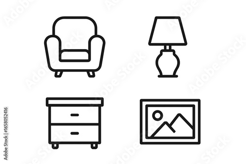 Home decor outline icons set. Simple linear interior design elements. Furniture vector illustration. Armchair, lamp, nightstand and picture frame. Minimalist living room symbols.
