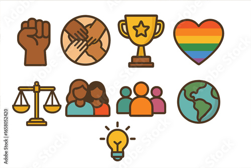 Vector icon set of social issues, diversity and inclusion. Symbols for community, equality, human rights, teamwork, love and justice. Raised fist, pride heart, globe concept.