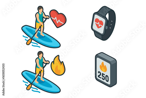 Paddleboarding Fitness Benefits Isometric Vector Set. Stand Up Paddleboarding Exercise Icons. Heart Rate Tracking, Calorie Burn, Wearable Smartwatch, Activity Monitoring, Water Sport Health Concept