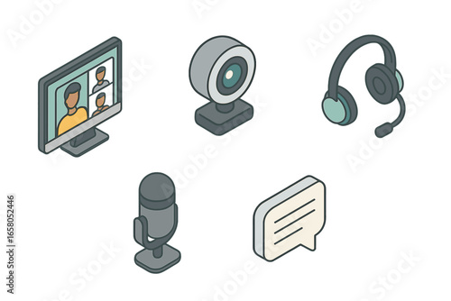 Isometric Online Webinar Icon Set. Virtual Meeting Flat Vector Illustrations. Computer Monitor Video Call, Webcam, Headset, Microphone, Chat Bubble Symbols. Remote Group Discussion Technology Concept
