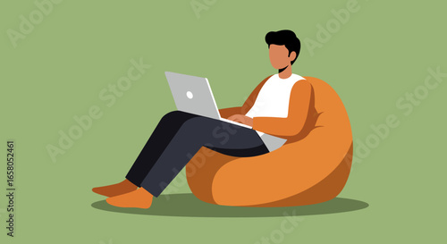 Comfortable young person working on a laptop from a bean bag chair. Depicts remote work, flexible learning, and digital lifestyle in a relaxed setting.