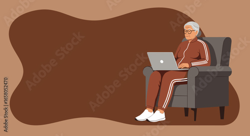 An elderly woman comfortably works or learns on a laptop in an armchair, illustrating active senior lifestyle, remote engagement, and digital connectivity.