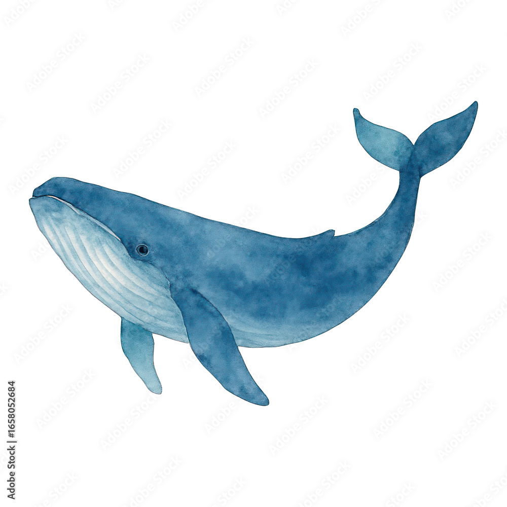 Fototapeta premium PNG Blue whale watercolor illustration.