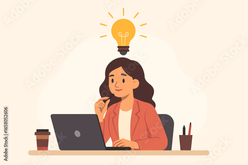 Business woman idea. Entrepreneur female working on laptop at desk. Light bulb over head as a symbol for innovation, inspiration, creativity, and a solution. Flat vector character.
