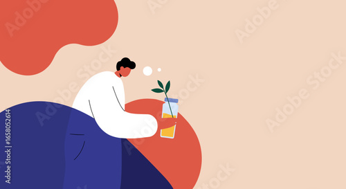 Person contemplating new ideas and growth, holding a plant in a jar. Represents innovation, sustainability, and development for business or personal projects.