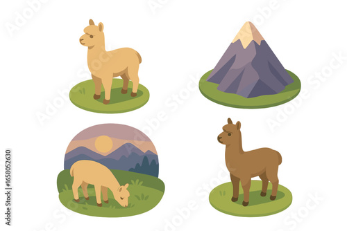 Isometric alpaca icon set. Cute cartoon llama characters grazing on grass. Mountain landscape at dusk. Flat 3d vector illustration. Nature, farm animal, wildlife, Peru concept.