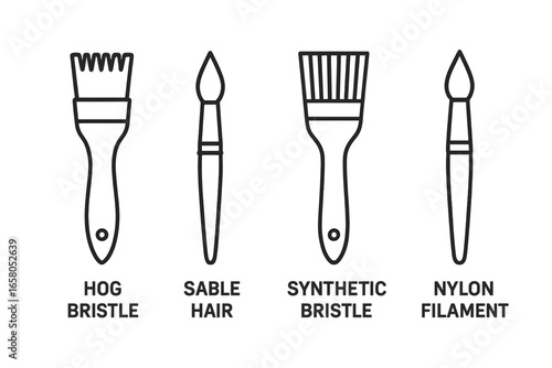 Vector set of painting brush icons. Outline illustration of artist tools. Hog bristle, sable hair, synthetic bristle, nylon filament brush types. Art supply materials. Drawing equipment isolated.