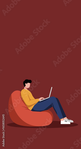 Relaxed person on a bean bag using a laptop, symbolizing comfort, remote work, online education, or leisure.