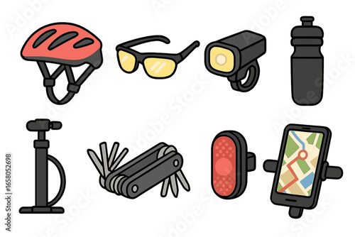Essential bike accessories for safe cycling. Vector cartoon icon set. Includes helmet, front and rear lights, sunglasses, water bottle, pump, multi-tool, and phone holder for GPS.
