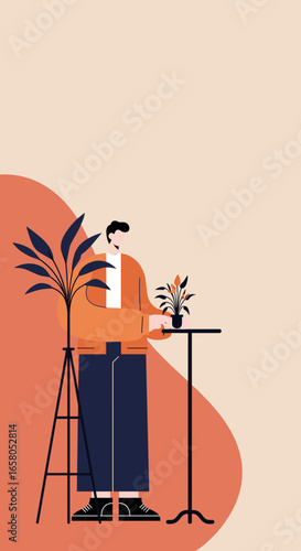 Man tending to potted plants at home, illustrating a hobby, self-care, and connection with nature in a tranquil indoor environment.