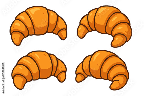 Set of vector cartoon croissant illustrations. French pastry icon collection for bakery menu, breakfast food design. Freshly baked goods symbol. Delicious traditional pastry.