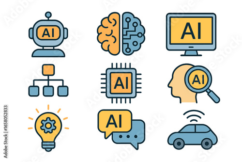 Set of artificial intelligence icons. Concepts like machine learning, deep learning, robotics, chatbot, neural network, self driving car. Data science and technology vector symbols.