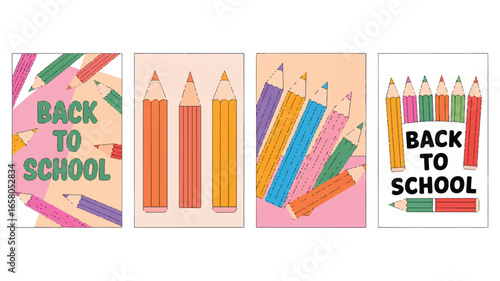 A set of four colorful Back to School illustrations featuring pencils for educational purposes