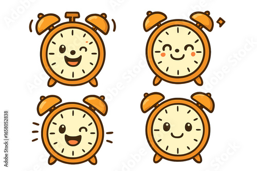 Cute alarm clock character set. Happy cartoon clock mascot collection with various emotions. Kawaii emoji icons for waking up, morning schedule, or deadline concept vector.