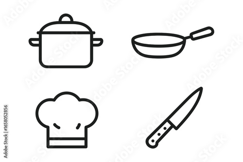 Cooking and kitchen line icons. Culinary essentials set with pot, pan, chef hat, knife. Professional kitchenware pictograms for restaurant, menu, food blog. Vector symbols.