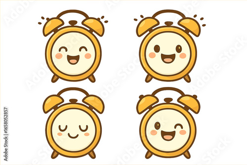 Set of cute alarm clock characters. Kawaii cartoon mascot with different emotions. Happy, smiling, sleeping, winking faces. Wake up time concept. Vector illustration isolated.