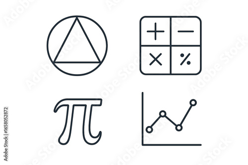 Mathematical and statistical line icons set. Vector collection of geometric symbols, calculator, pi constant, and data graph chart. Science, education, finance, and analysis.