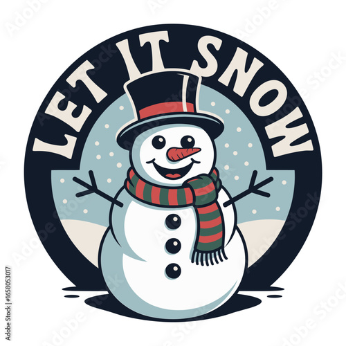 Let it snow round badge with smiling snowman and snowflakes, festive winter message, minimal holiday logo, clean vector illustration